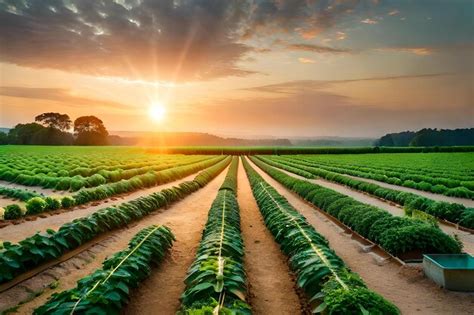 Premium Photo | A field of soybeans with the sun behind them.