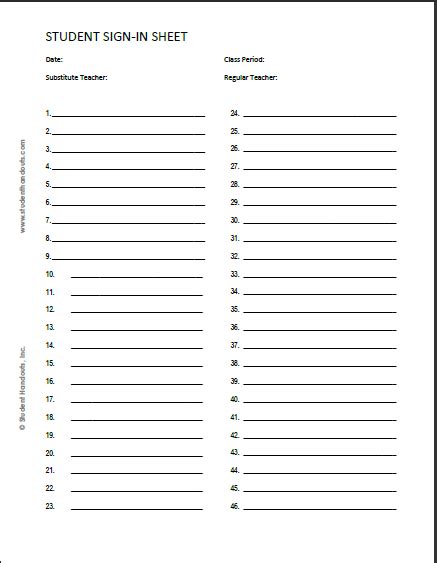 Free Printable Student Sign-in Sheet with 46 Rows