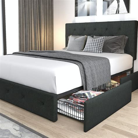 Amolife Queen Size Platform Bed Frame with Headboard and 4 Drawers, Dark Grey - Walmart.com ...