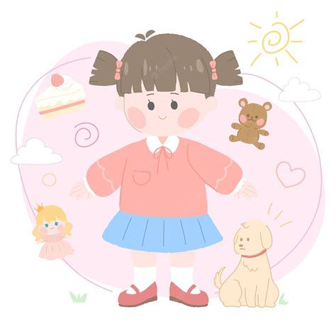 Premium Vector | Vector little girl illustration with feminine toys ...