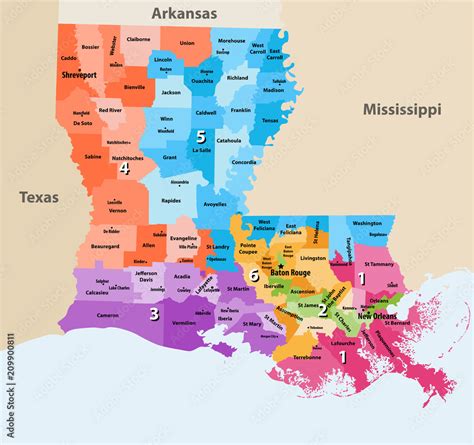 Obraz Louisiana's Congressional districts vector high detailed map with regions and major cities ...