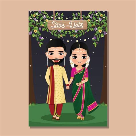 Wedding invitation card bride and groom cute couple in traditional ...