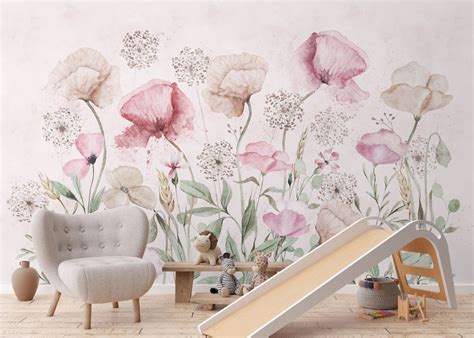 Watercolor Poppy Floral Wallpaper Hand Paint Soft Flower - Etsy