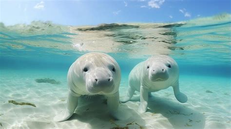 Premium AI Image | Mother Dugong Teaching Baby Dugong to Swim