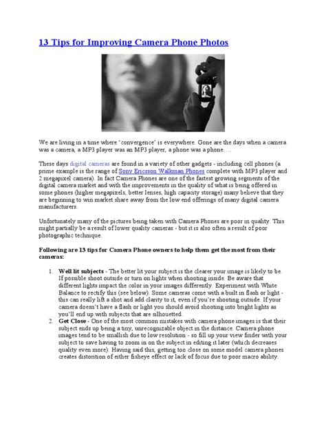 13 Tips For Improving Camera Phone Photos | PDF | Camera | Camera Lens