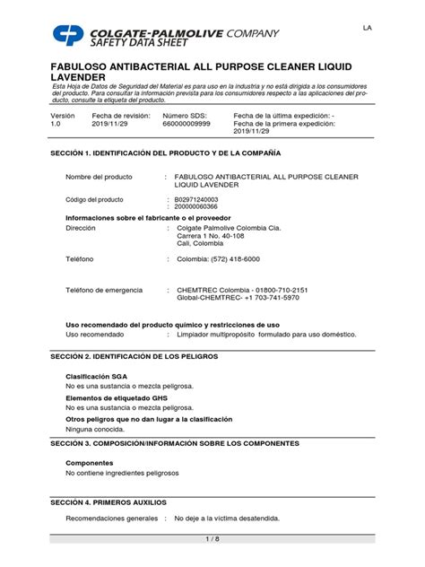 MSDS Fabuloso Lavanda Batch | PDF | Seguridad y salud ocupacional | Química