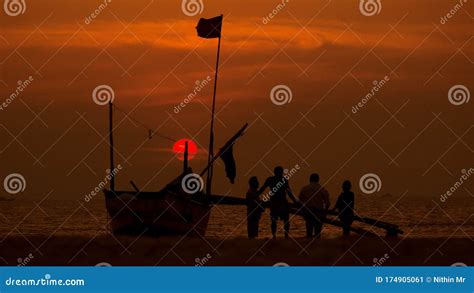 People Enjoying Sunset at the Beach Near the Fishing Boat Stock Image - Image of profession ...