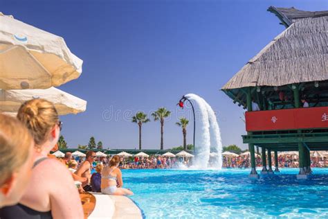 Flyboard Show at the Pool of TT Pegasos World Hotel in Turkey. Editorial Photo - Image of ...