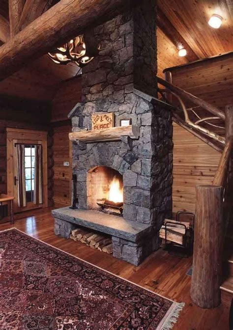 Log Cabin Fireplace, Rustic Fireplaces, Fireplace Design, Fireplace Kitchen, Stone Fireplaces ...