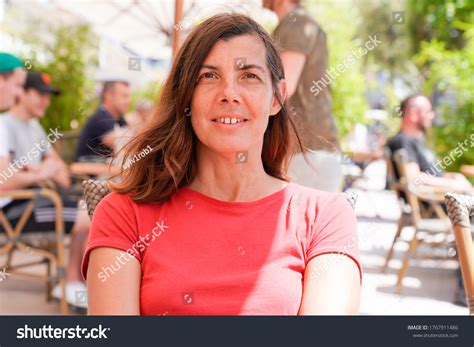 Smiling Vacation Woman Sit On Cafe Stock Photo (Edit Now) 1767911486