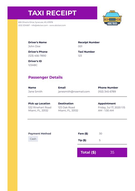 Taxi Receipt Template - PDF Templates | Jotform