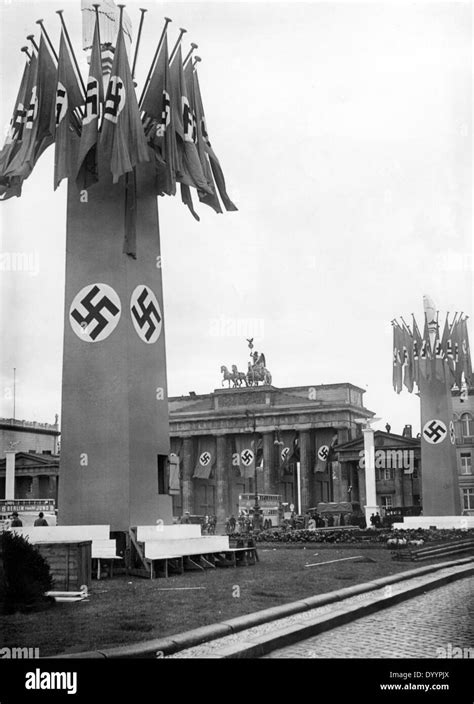 Pylons in front of Brandenburg Gate for the birthday of Adolf Hitler ...