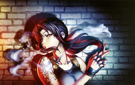 4K, beach, tattoo, cigarettes, women, Black Lagoon, anime, Revy, pistol ...