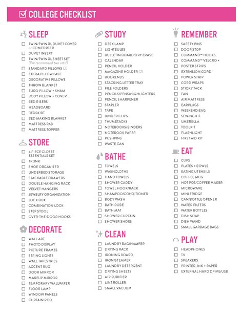 Printable College Dorm Checklist