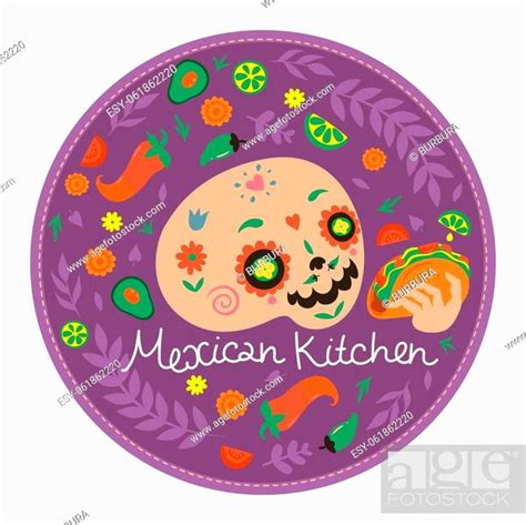 Round emblem of Mexican kitchen with skull and tacos. Vector image, Stock Vector, Vector And Low ...