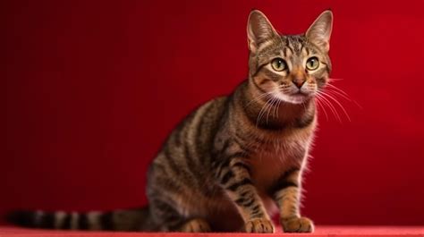 Premium AI Image | A tabby cat sits on a red background