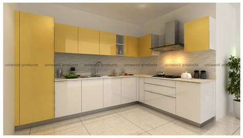 Modular L-Shaped Kitchen With Yellow and Off-White Cabinets by Dazzy ...