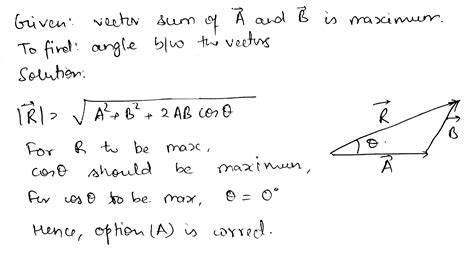 The vector sum of two vectors vec A and vec B is maximum, then the angle between the two vectors is