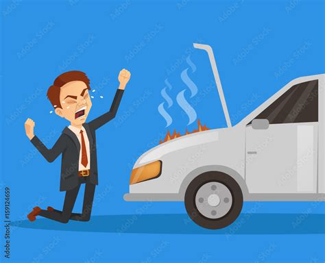 Car broken down. Exploding engine. Unhappy sad angry businessman character. Vector flat cartoon ...