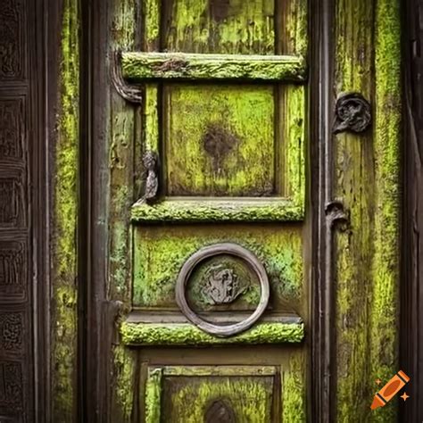 Moss-covered old doors with engraved letters on Craiyon