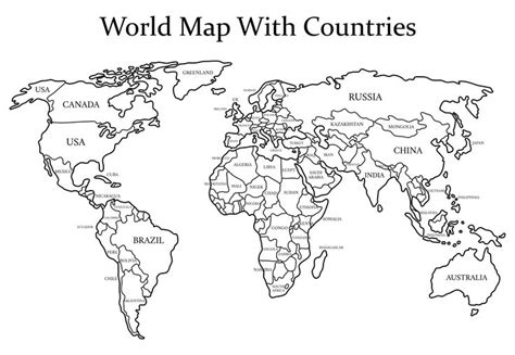 the world map with countries labeled in black and white