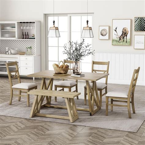 Harper & Bright Designs Farmhouse 6-Piece Natural Rectangle Wood Dining ...