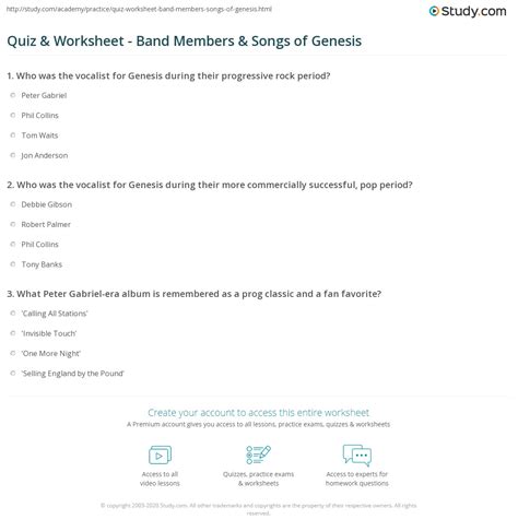 Quiz & Worksheet - Band Members & Songs of Genesis | Study.com