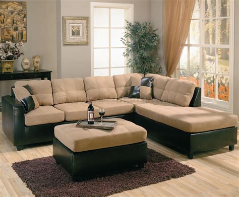 Two-Tone Tan Microfiber & Dark Brown Faux Leather Sectional Sofa