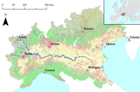 Po river 2000 flood extension (in blue) in Northern Italy, which is ...