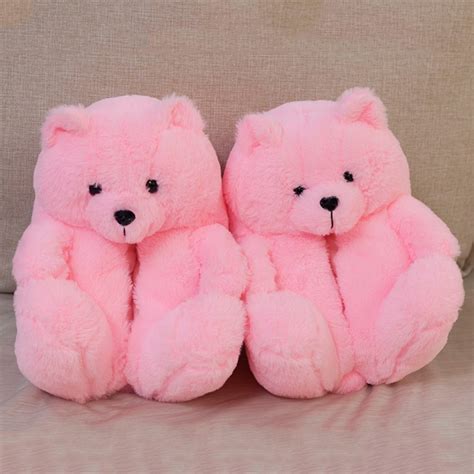 Pink Teddy Bear Slippers for Adults Cartoon Plush House Shoes