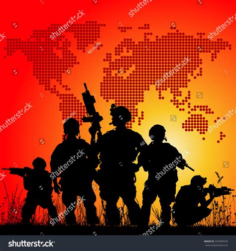 Silhouette Military Soldiers Officer Weapons Sunset Stock Vector (Royalty Free) 345487679