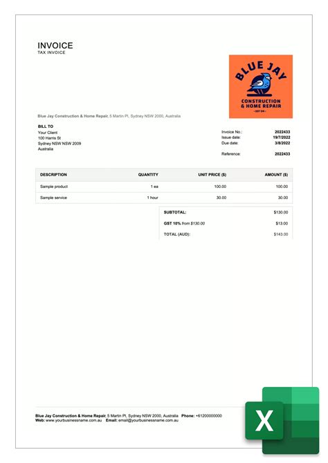 Excel Invoice Templates for Australia - Free download | Billdu