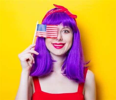 Girl with Purple Color Hair Holding USA Flag Stock Image - Image of ...