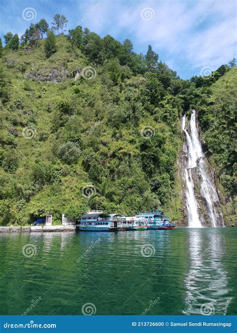 Waterfall in danau toba stock photo. Image of cliff - 213726600