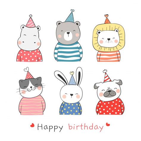 Premium Vector | Draw collection cute animal with party hat for birthday. | Cute animal ...