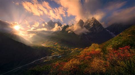 nature, Landscape, Fall, Shrubs, Mountain, Himalayas, Tibet, Sunset, Clouds, Sun Rays, Valley ...