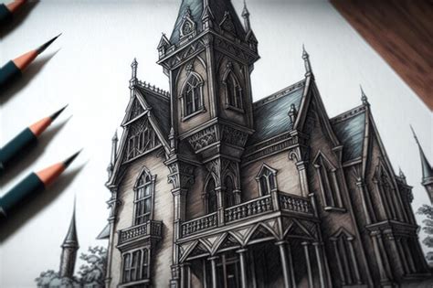 Premium AI Image | Closeup of gothic house with intricate detailed pencil sketch