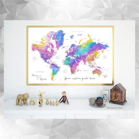 Custom print: watercolor world map with cities in bright and fun colors ...