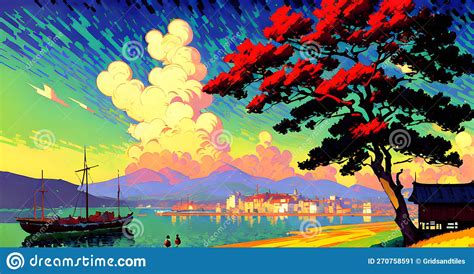 Fantasy Anime Landscape Digital Painting Wall Art Generative AI Stock Illustration ...