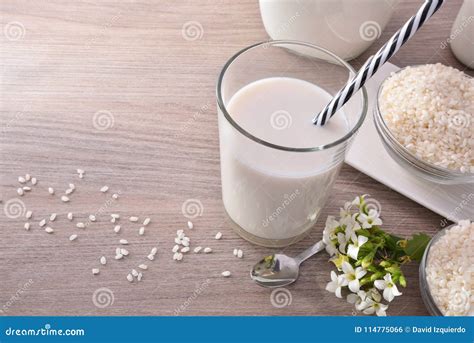 Rice Milk and Rice in Containers in Rustic Kitchen Elevated Stock Photo - Image of breakfast ...