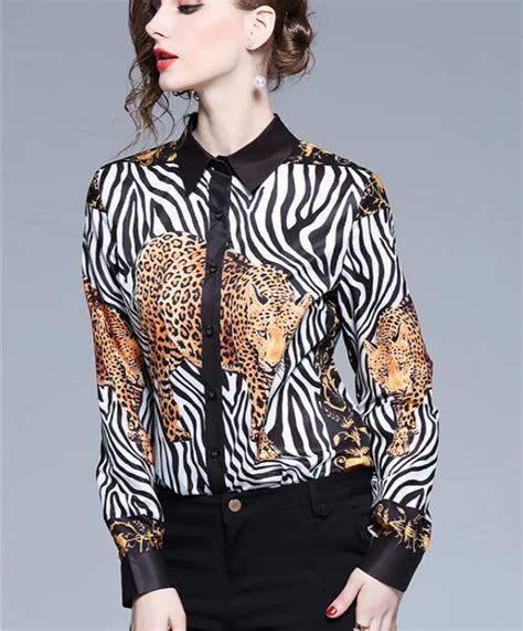 2019 Spring European Fashion Long Sleeve Tiger Print Shirts Women Leopard Print Blouses Lady ...