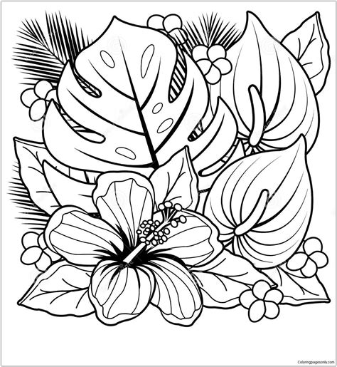 Tropical Plants And Hibiscus Flowers Coloring Page - Free Printable ...