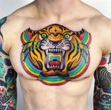 Rainbow Tiger Face Chest Tattoo | Tattoo Ideas For Men & Women in 2024