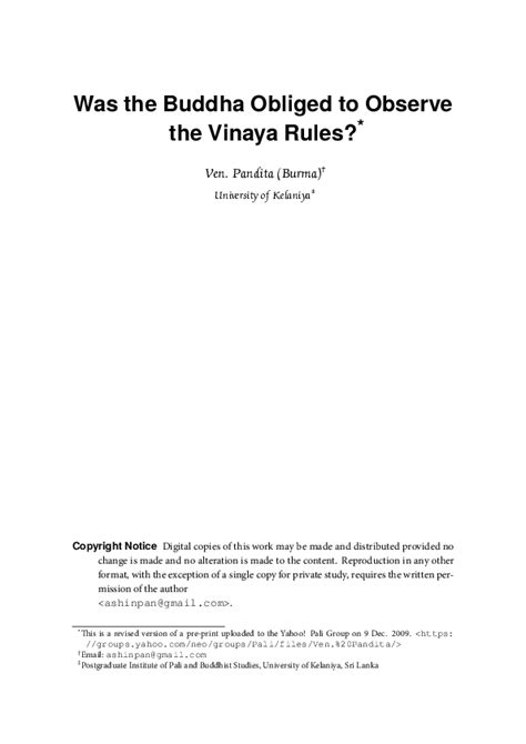 Was the Buddha Obliged to Observe the Vinaya Rules? (2nd draft) | Ven. Pandita - Academia.edu