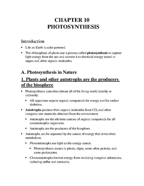 Chapter 10- Photosynthesis - CHAPTER 10 PHOTOSYNTHESIS Introduction Life on Earth is solar ...