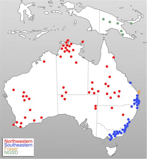 Map of locations in Australia and New Guinea, where dingoes and NGSD ...