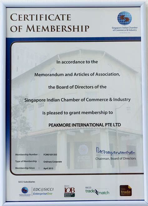 Singapore Indian Chamber of Commerce & Industry Membership Certificate ...