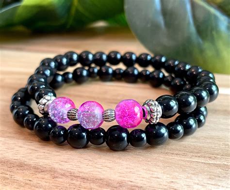 Bracelets for women beaded bracelet stacks with black and pink | Etsy