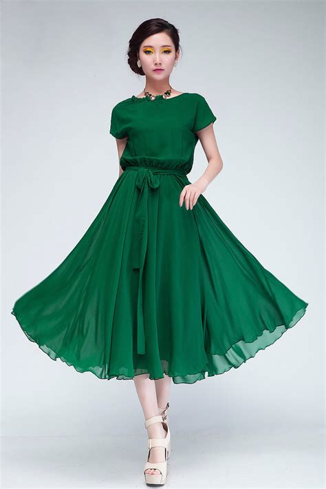 Fashion Pleated O Neck Short Sleeves Green Chiffon Mid Calf Dress_Dresses_LovelyWholesale ...