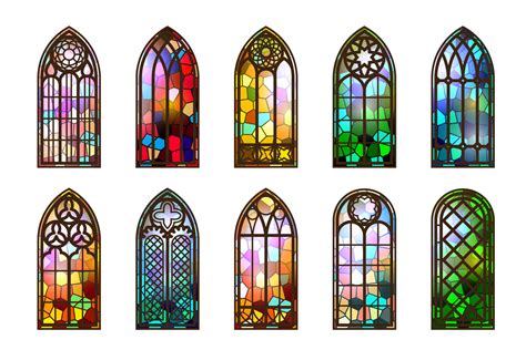 Gothic stained glass windows. Church medieval arches. Catholic cathedral mosaic frames. Old ...